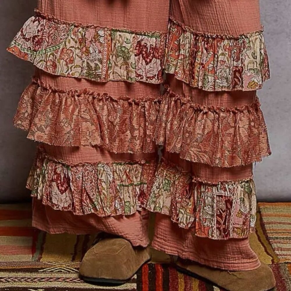 POL Flowy Wide Leg Palazzo Ruffle Salmon Pink Pants Boho Western Size L Gauze - Picture 9 of 11